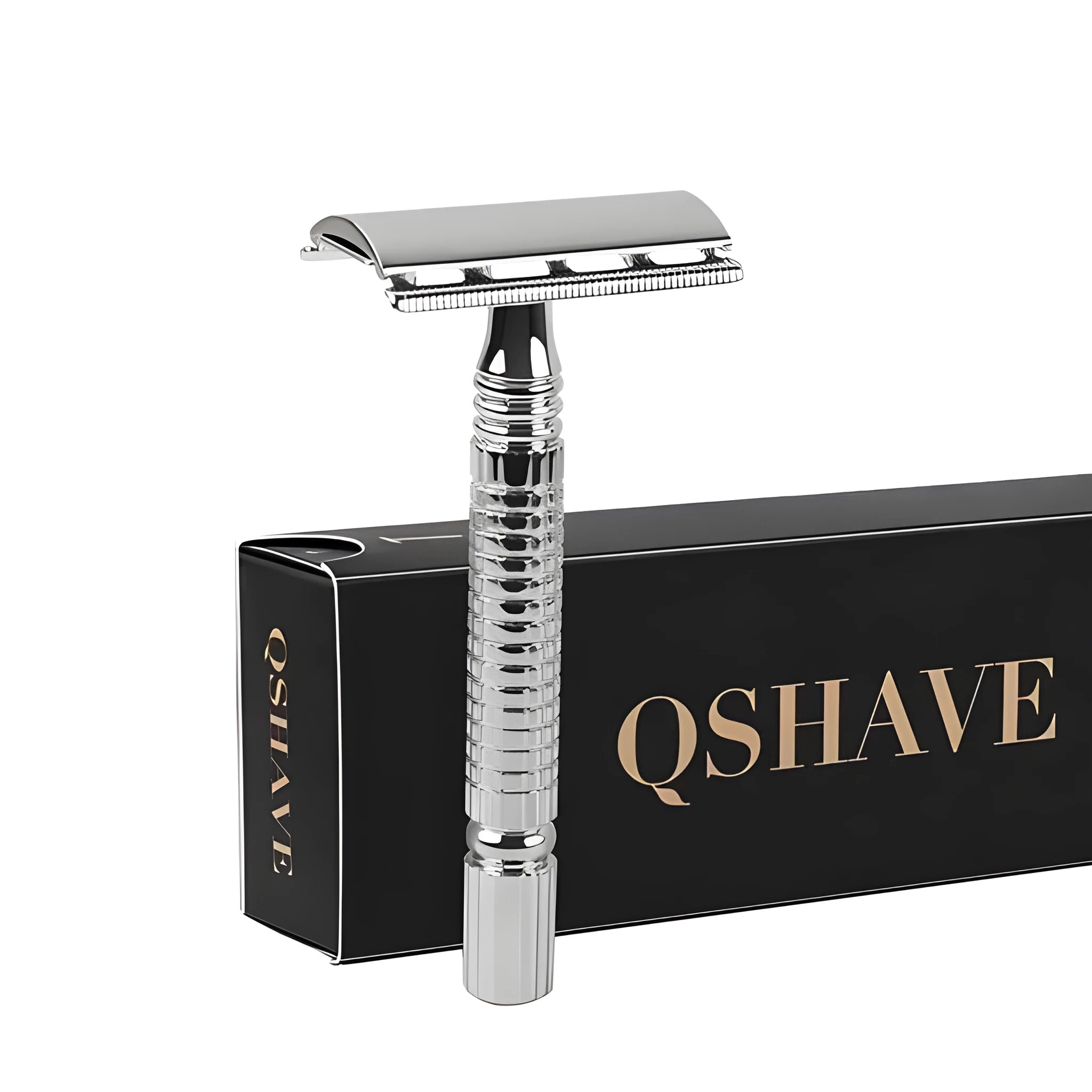 Chrome double edged safety razor with butterfly opening mechanism on a storage box