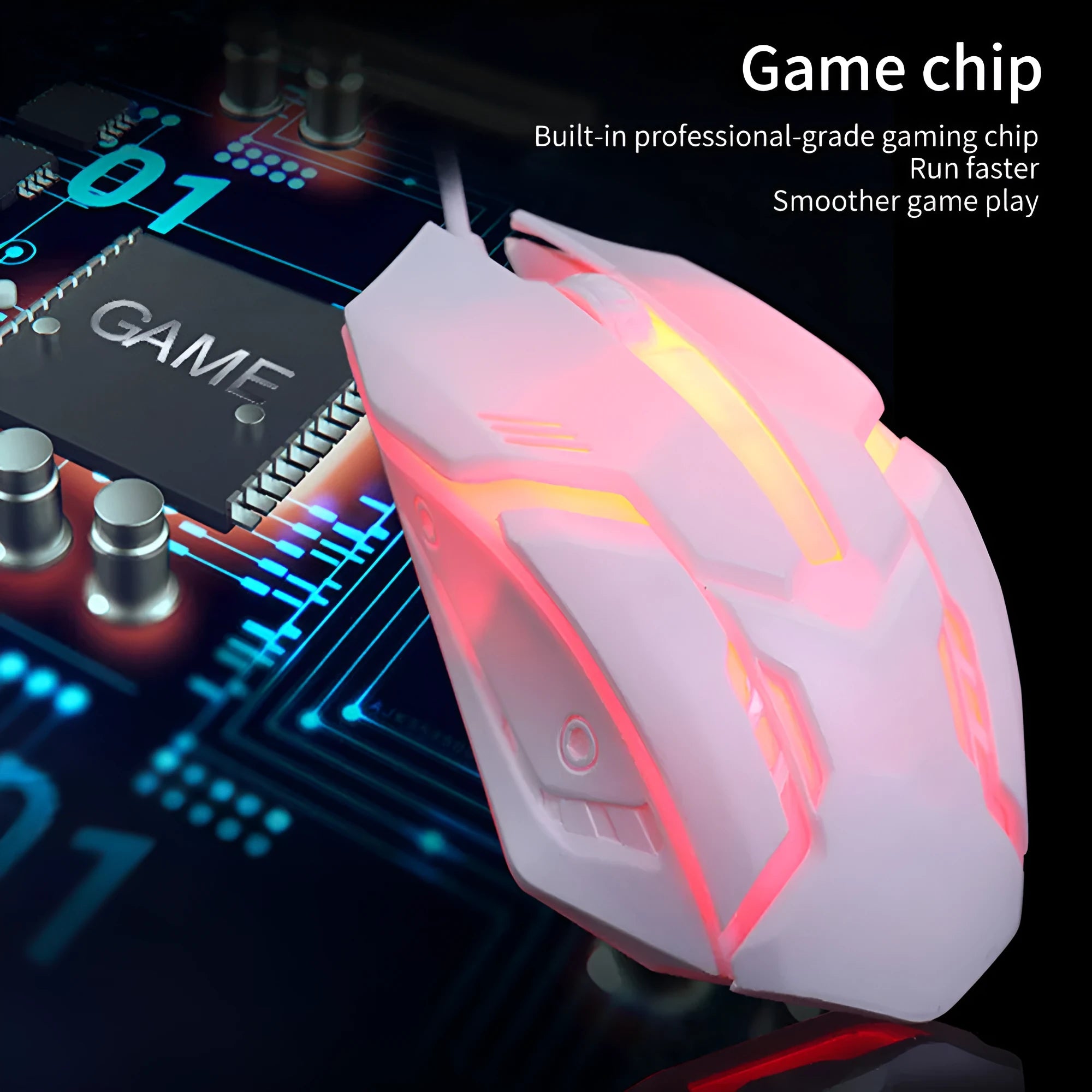 Wired USB computer mouse with colourful LED glow in black or white, showing 1.3m cable and three-button design