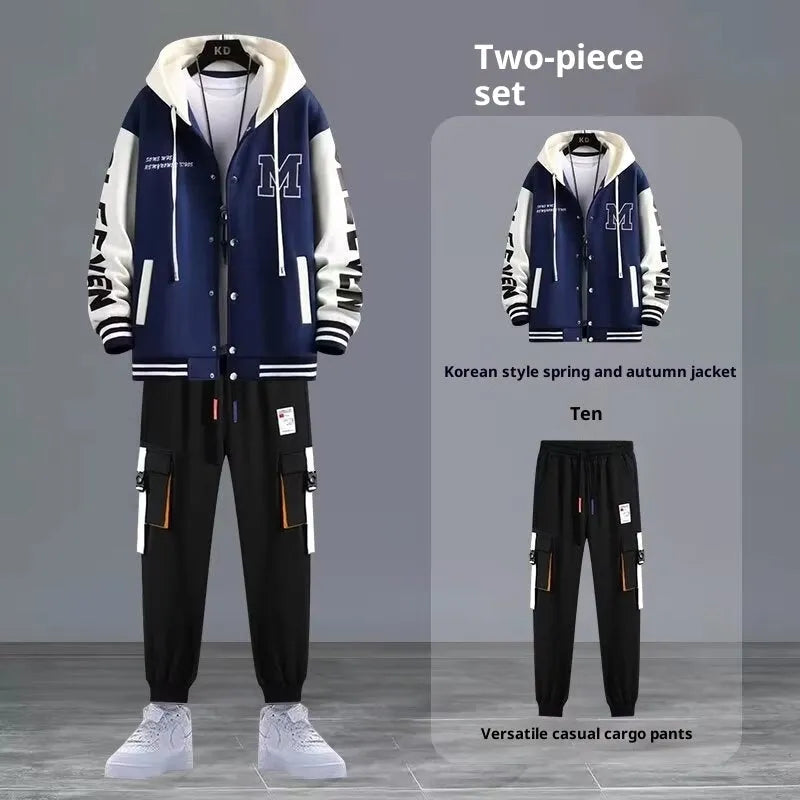 Youth hooded sweater jacket sports suit with trousers, black colour, polyester blend fabric for spring autumn leisure
