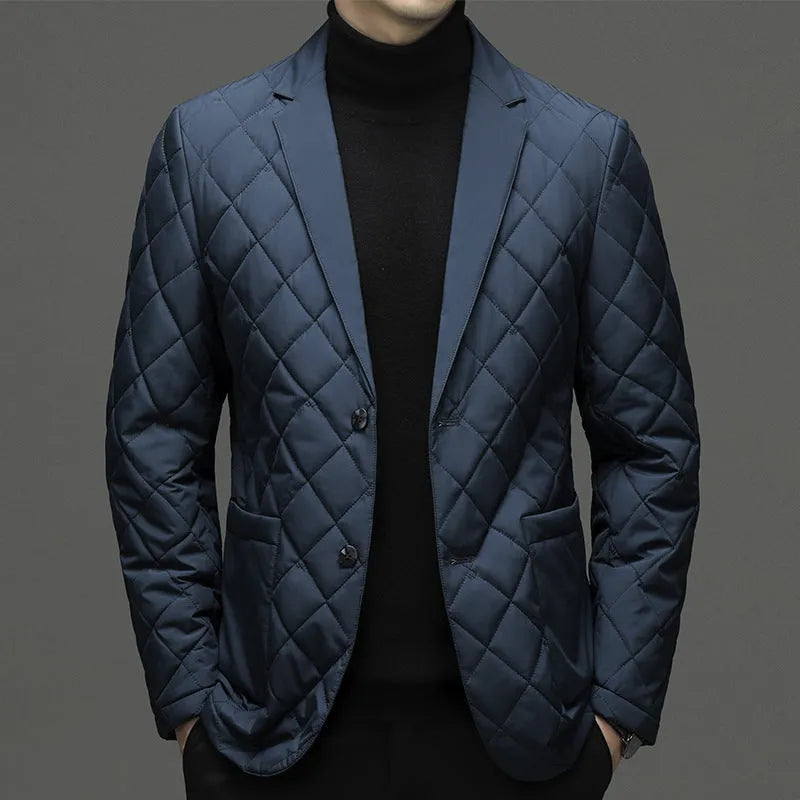 Men's black lapel-style down jacket with side pockets shown in cardigan design