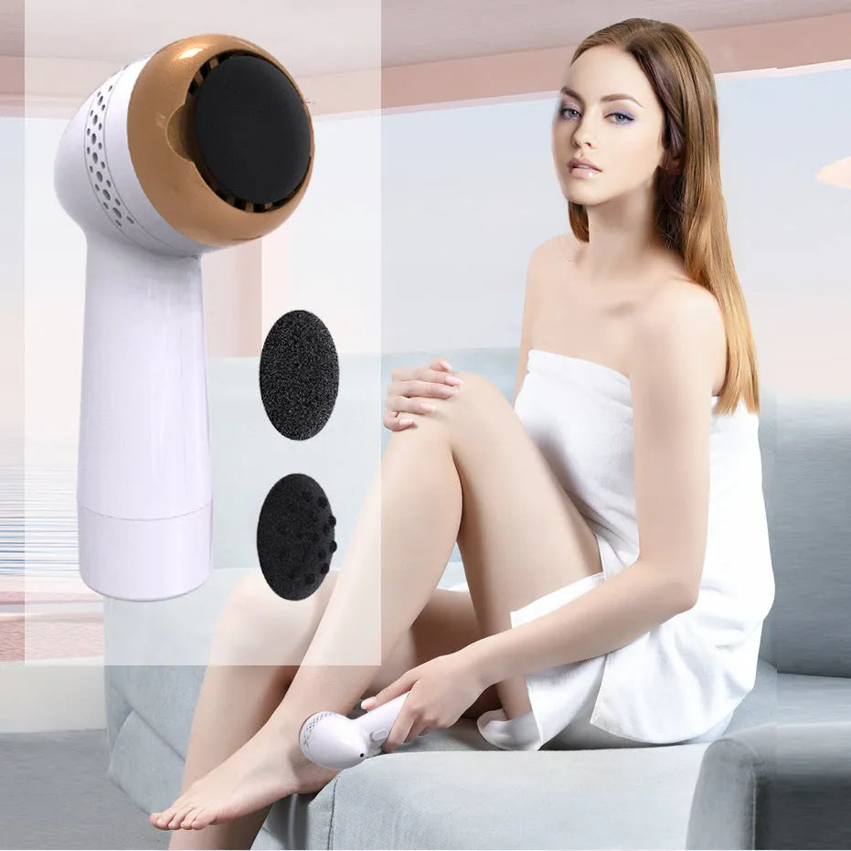 Electric vacuum foot grinder with natural quartz grinding head in gold colour.
