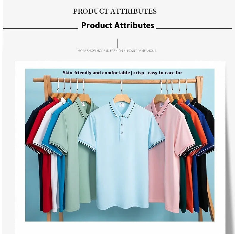 Short-sleeved beautician work polo shirt in light blue on a hanger.