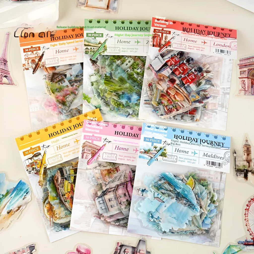 Holiday Journey series architecture journal stickers showing six landmark designs