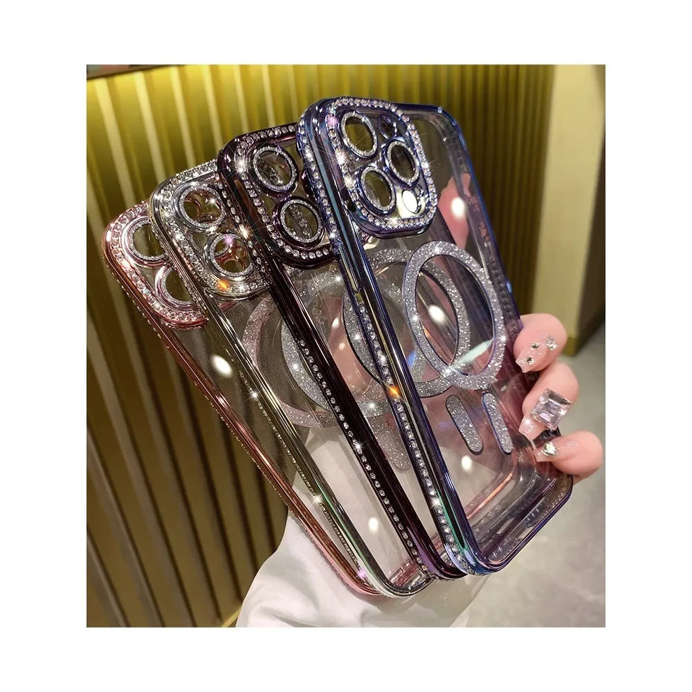 Wireless magnetic drop-resistant iPhone case in soft silicone with electroplated finish, shown in deep purple colour.