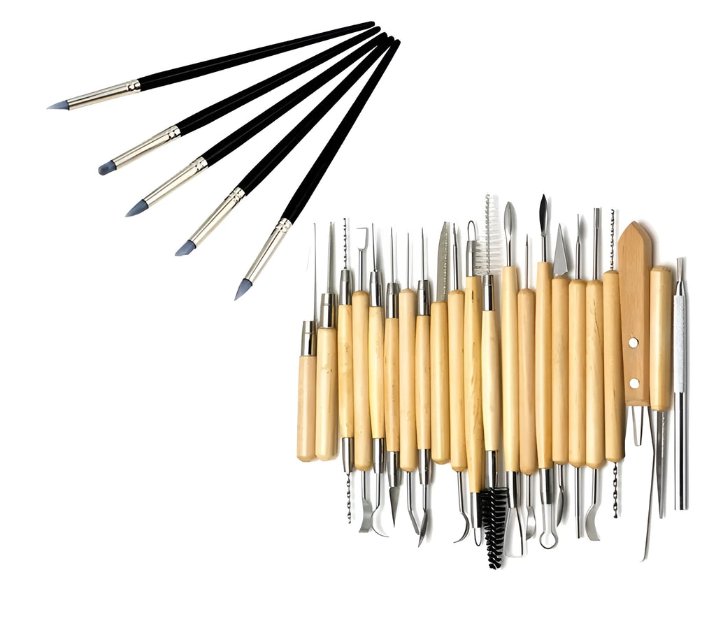 27-piece pottery clay tool set with roll bag containing wood and stainless steel sculpting tools