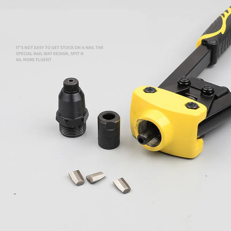 Yellow aluminium alloy manual rivet gun with 13-inch handle and built-in tips.
