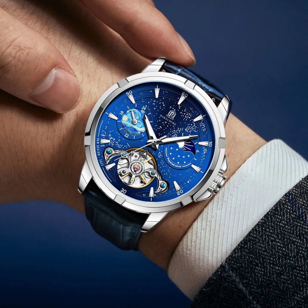 Men's T885B Blue automatic mechanical wristwatch with stainless steel case on wrist.
