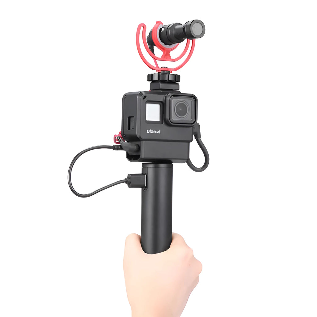 Black aluminium alloy charging treasure handle portable power bank showing size and USB port.