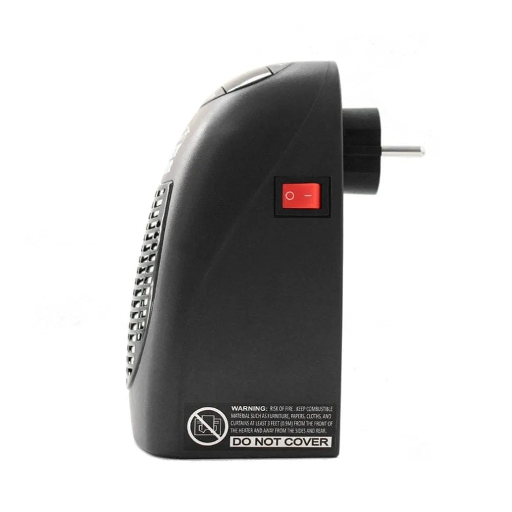 Black mini ceramic electric heater with digital display and rotating plug on a white background