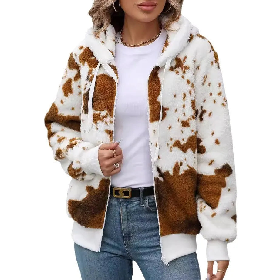 Yellow brown cow animal print hooded cardigan jacket with front zipper closure