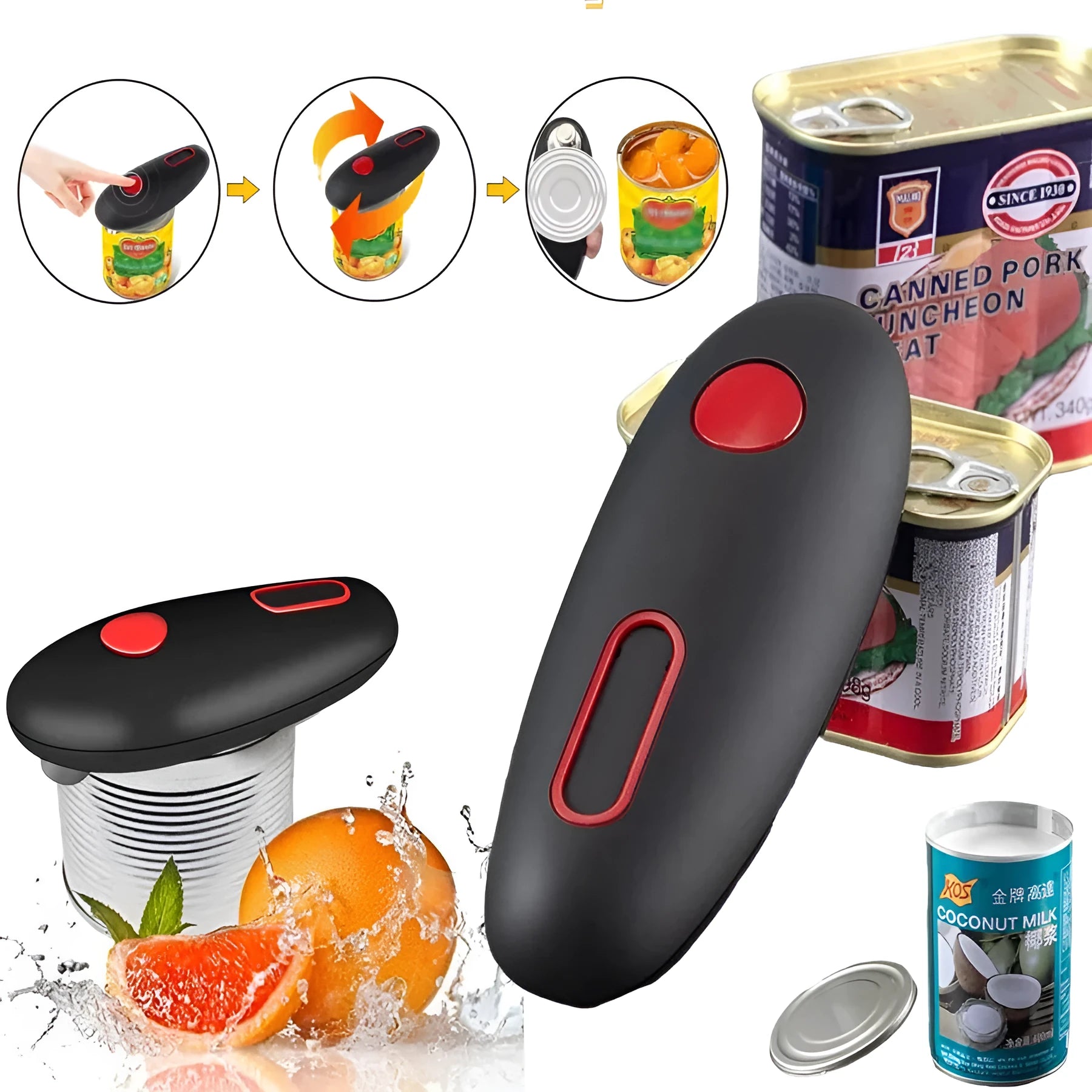 Black electric can opener with battery compartment and one-touch button
