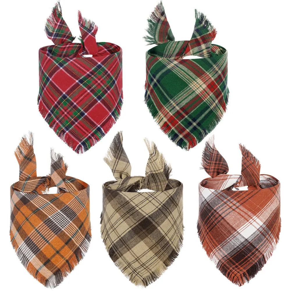 Autumn plaid dog bandana with tassel edges in seasonal colours