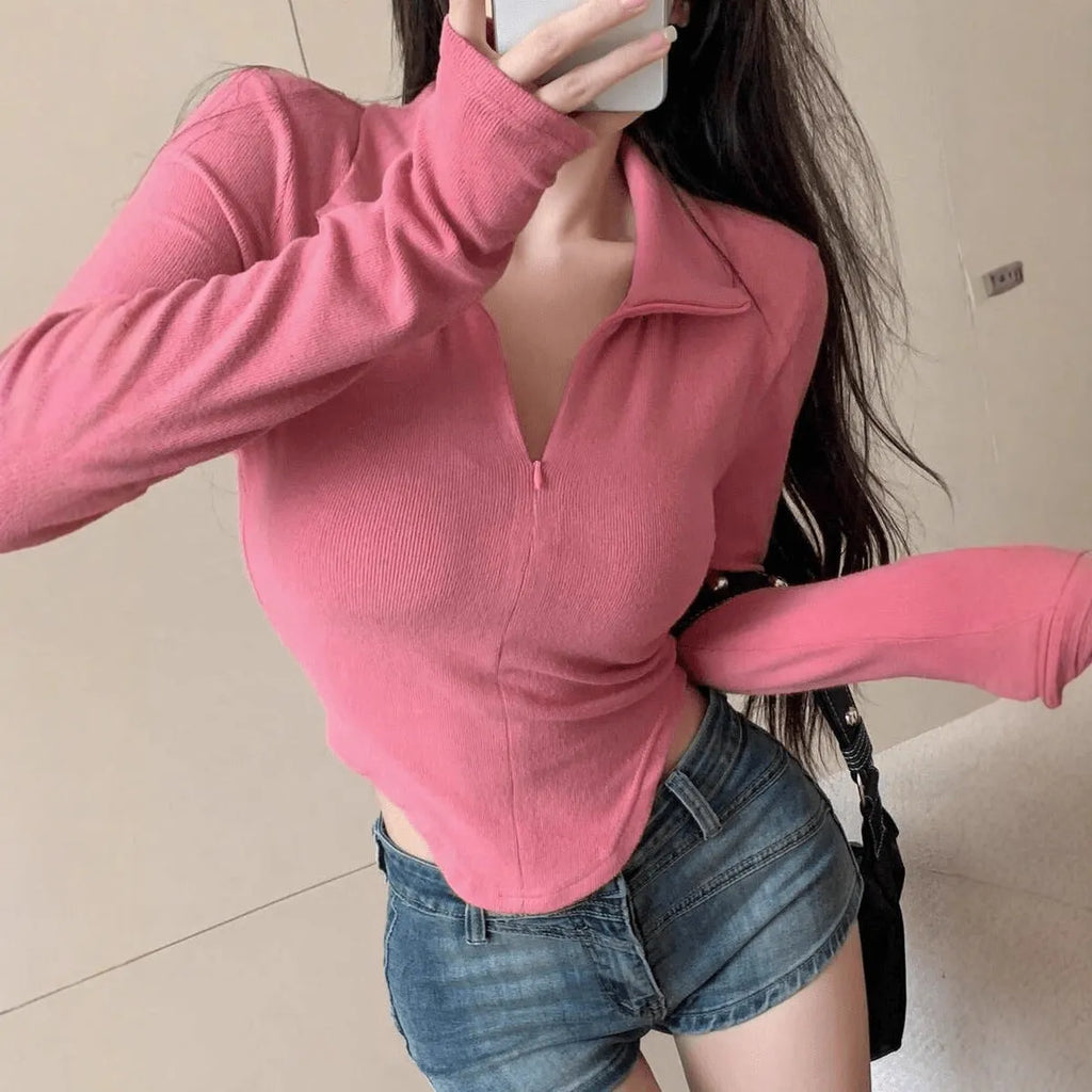 Women's slim fit stand collar long-sleeved t-shirt in peach colour, polyester knit, front view