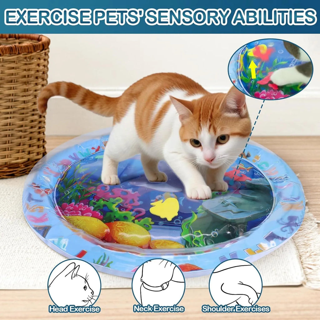 Thickened blue PVC water playmat for cats with ocean fish design and floating toys inside.