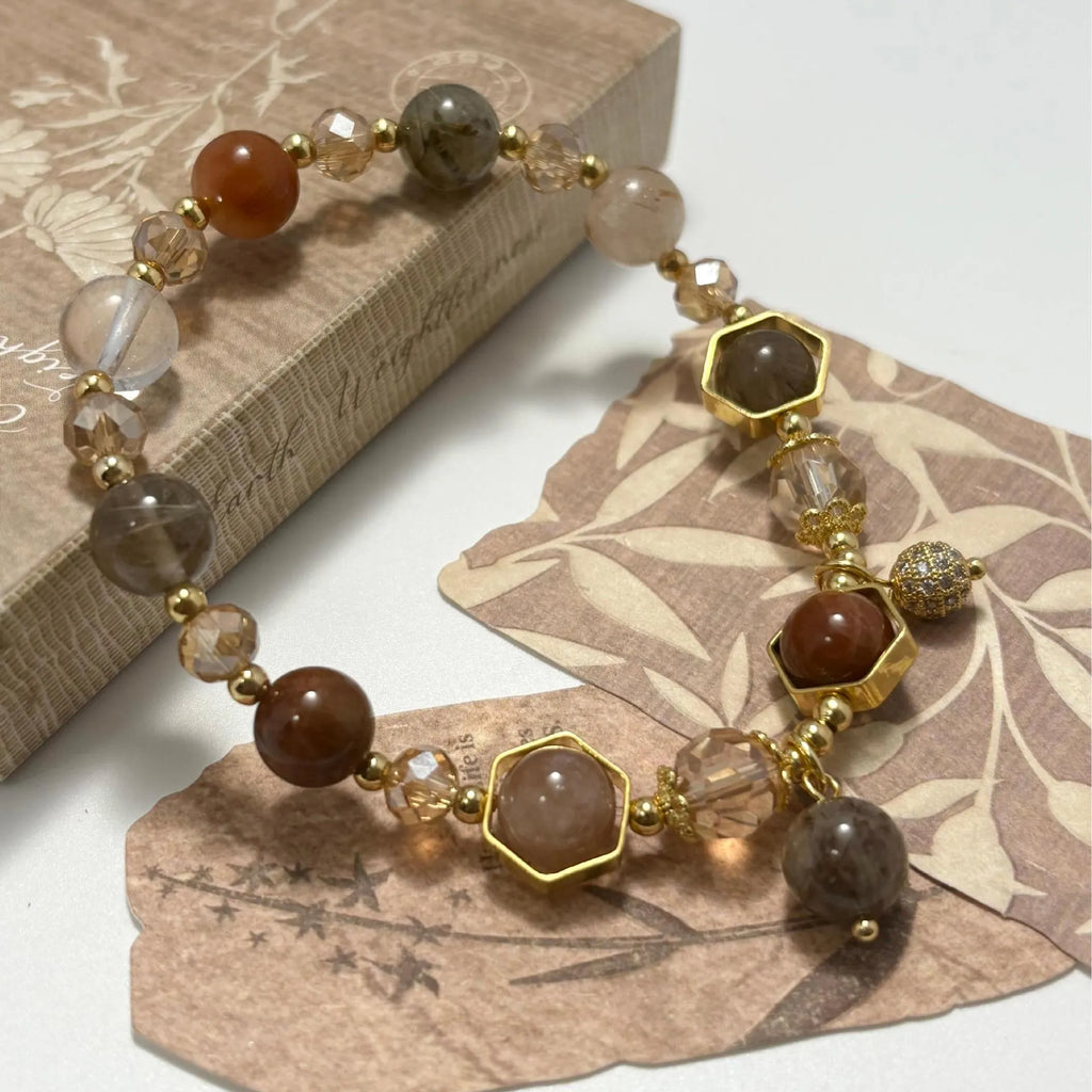 Gold-colour citrine crystal bracelet with 8mm beads and symbolic metal ornaments including Ruyi and Fu characters
