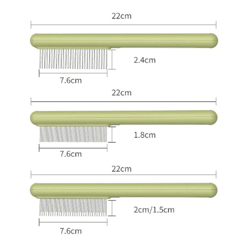 Green stainless steel cat comb with rounded teeth for pet grooming and flea removal