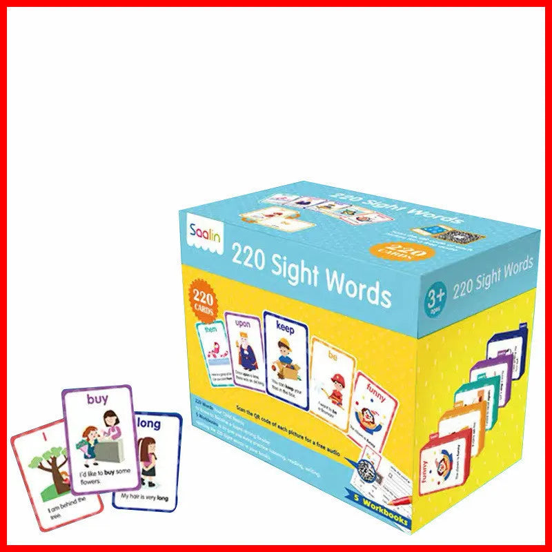Set of 220 high-frequency word learning cards and five workbooks for early childhood education
