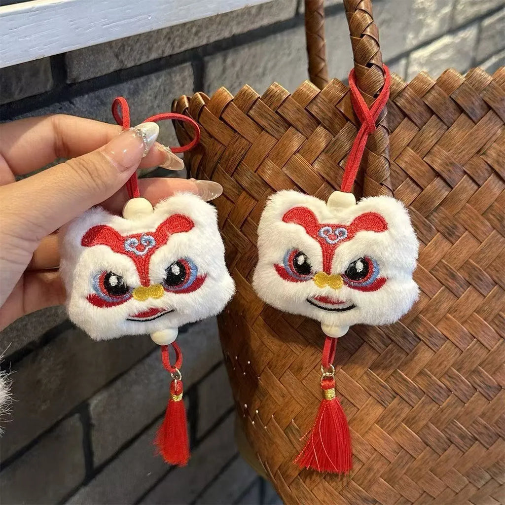 Chinese style plush lion tassel ornament keychain in blue or yellow colour