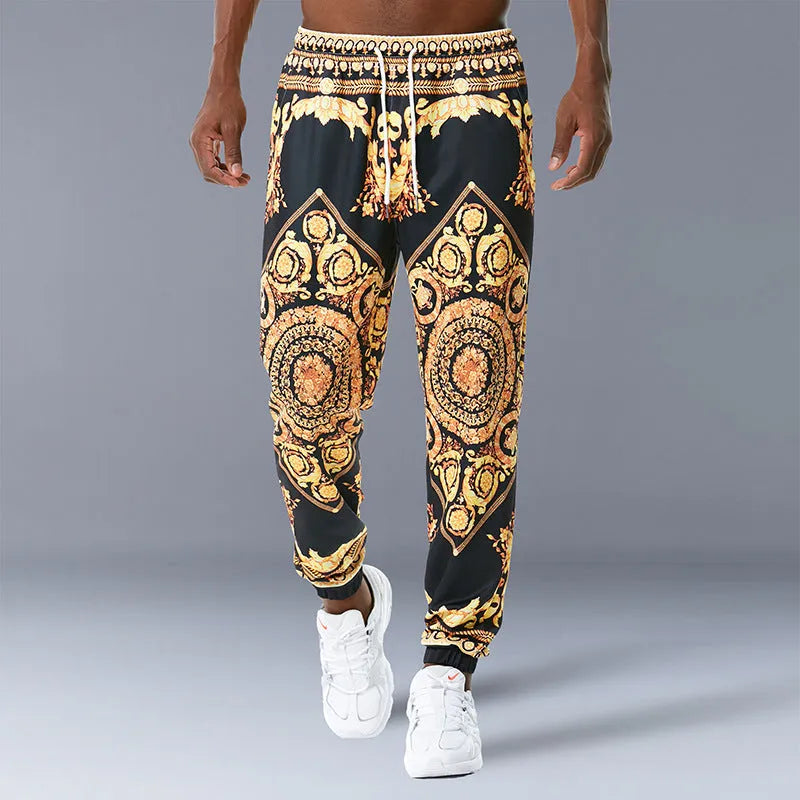 Printed jogging pants for young people, loose fit, polyester blend, mid waist with belt, digital print, ribbed hem