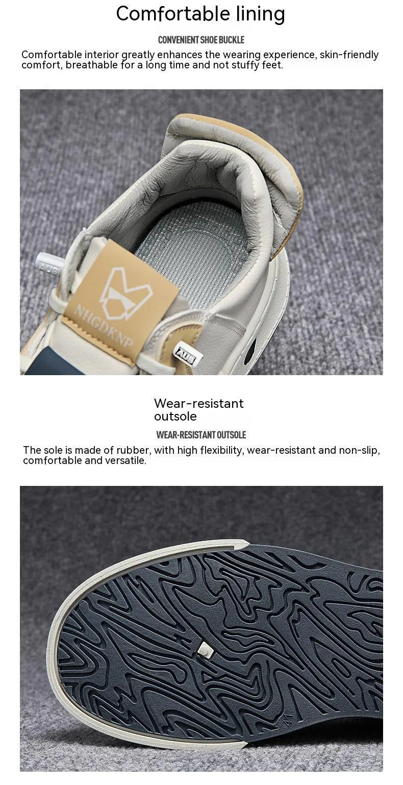 Men's beige low-top sneakers with elastic band and leather stitching on microfiber upper.