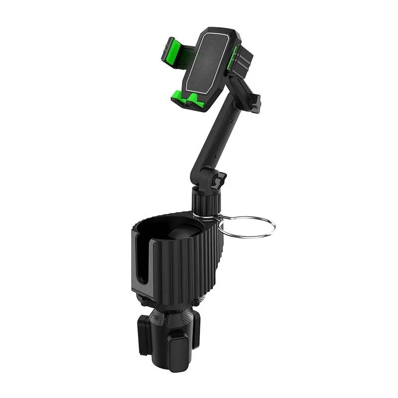 Grey car cup holder expander with integrated mobile phone slot sitting in a vehicle's drink holder
