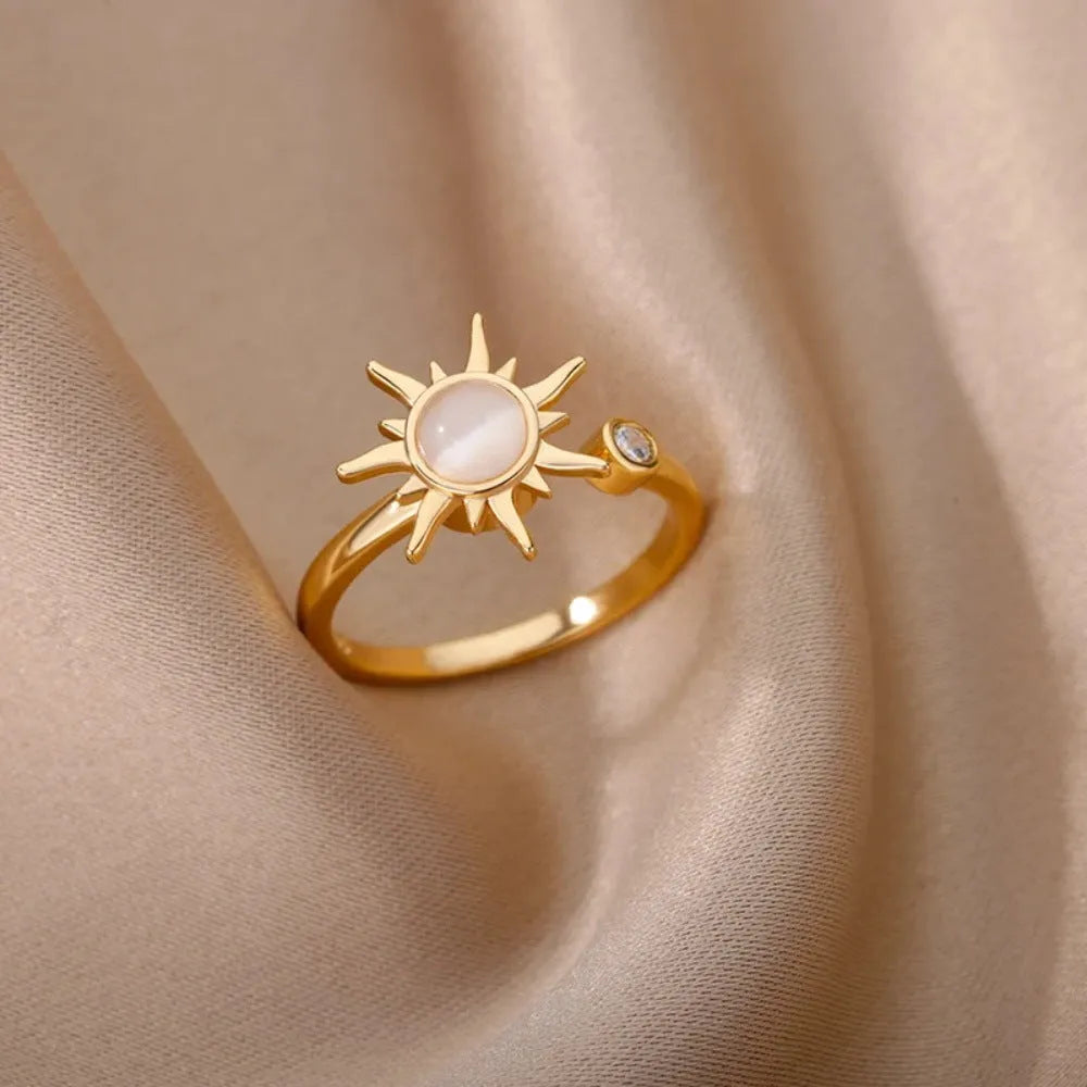 Adjustable copper decompression ring with geometric rotatable design in gold finish