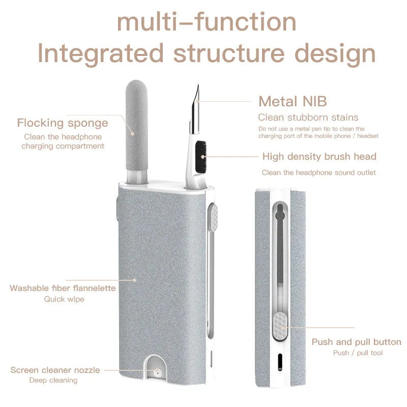 5-in-1 digital cleaning pen with flocking sponge, brush, and metal tip for phones and earphones.