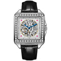 Men's square automatic watch with diamond studs on black leather strap