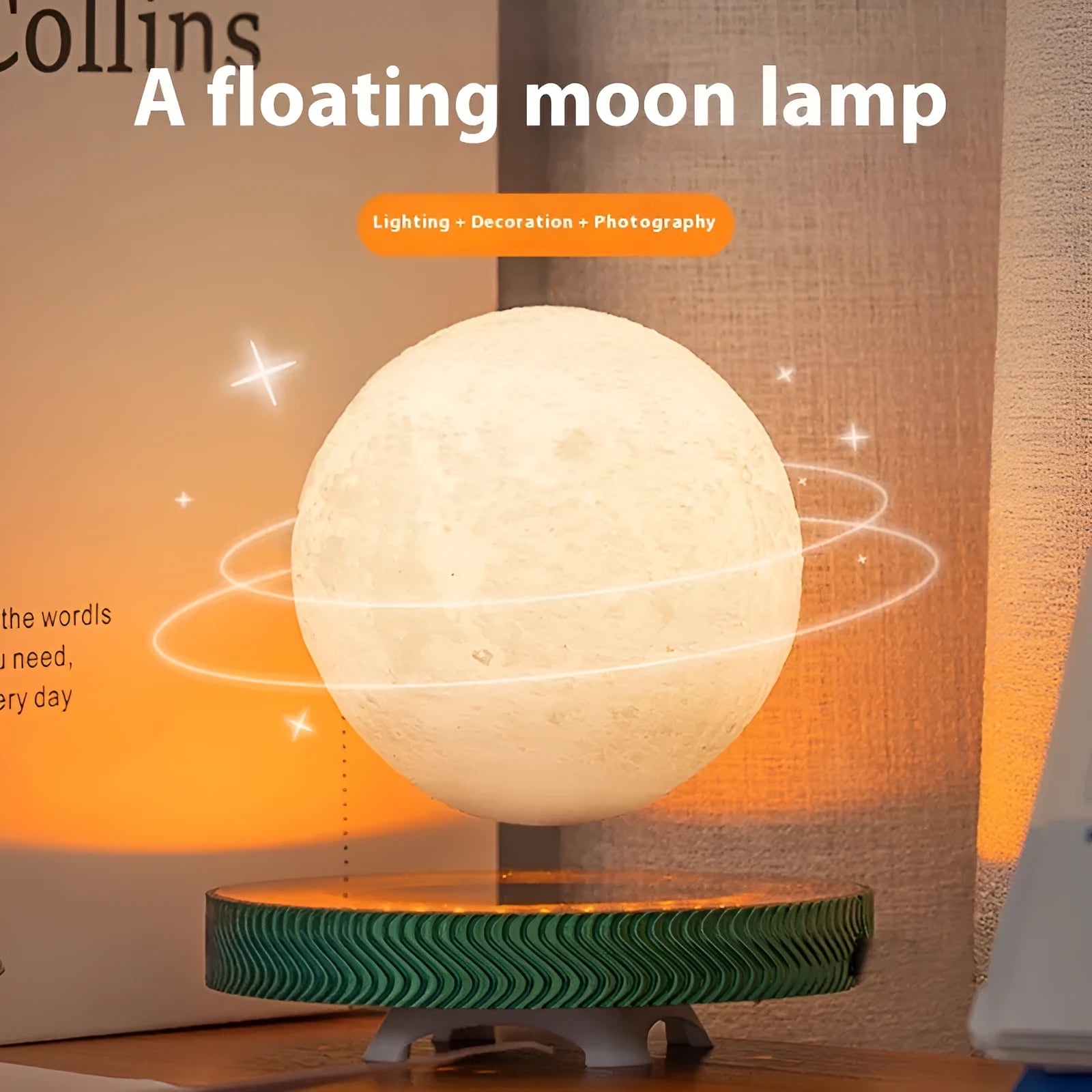 Magnetic suspension moon lamp with floating 3D printed design for bedside night lighting