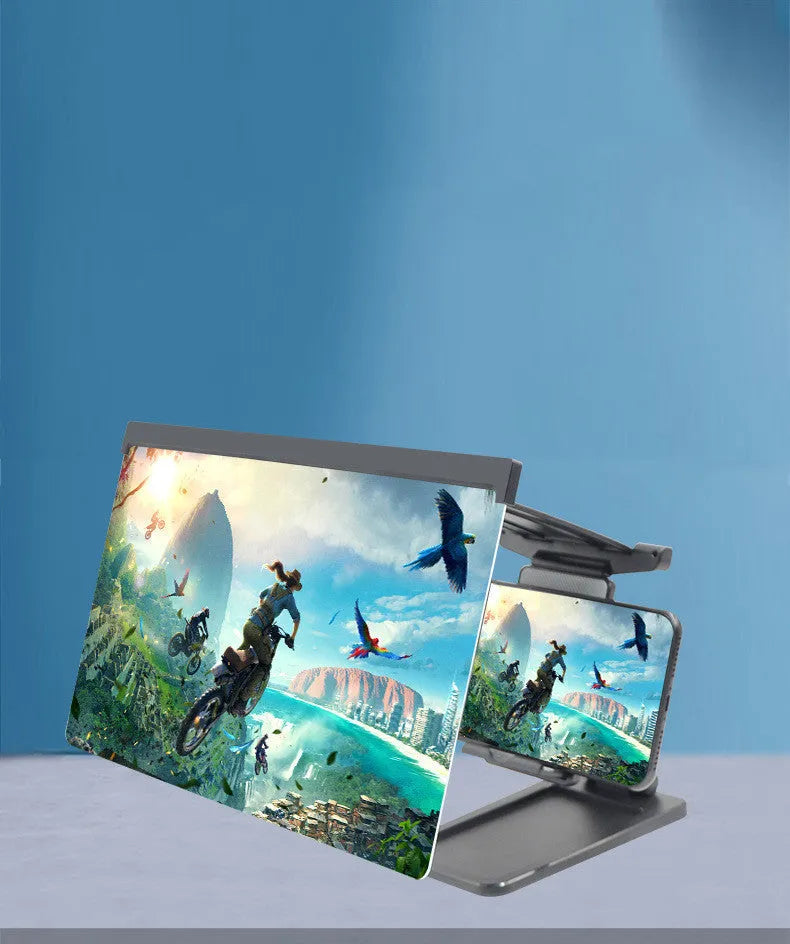 Black 12-inch mobile phone screen amplifier with detachable phone holder in folded position