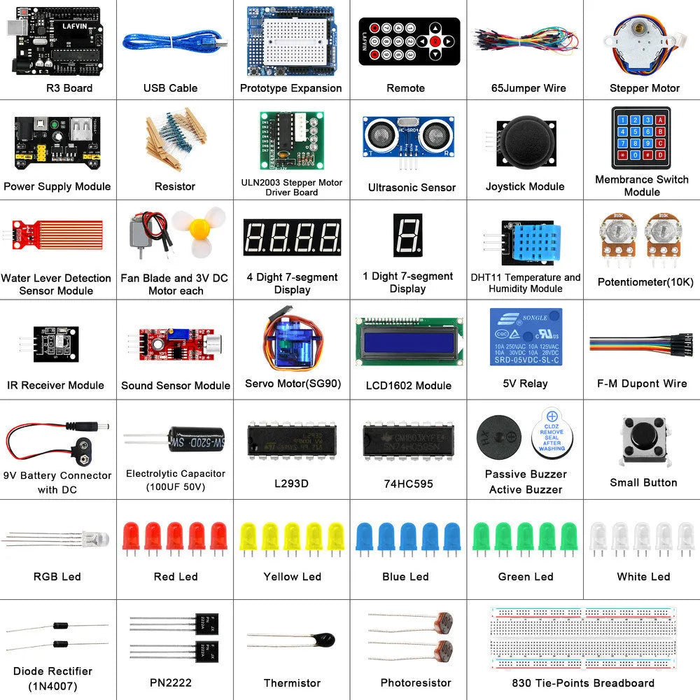 LAFVIN Arduino Super Starter Kit showing blue R3 board, breadboard, LEDs, sensors, motors, and components on a white background.