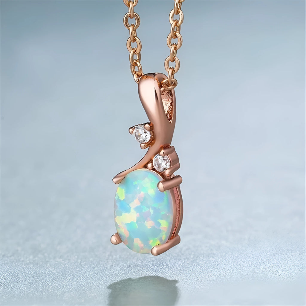 Water drop opal pendant necklace on adjustable O-chain in rose gold or white colour