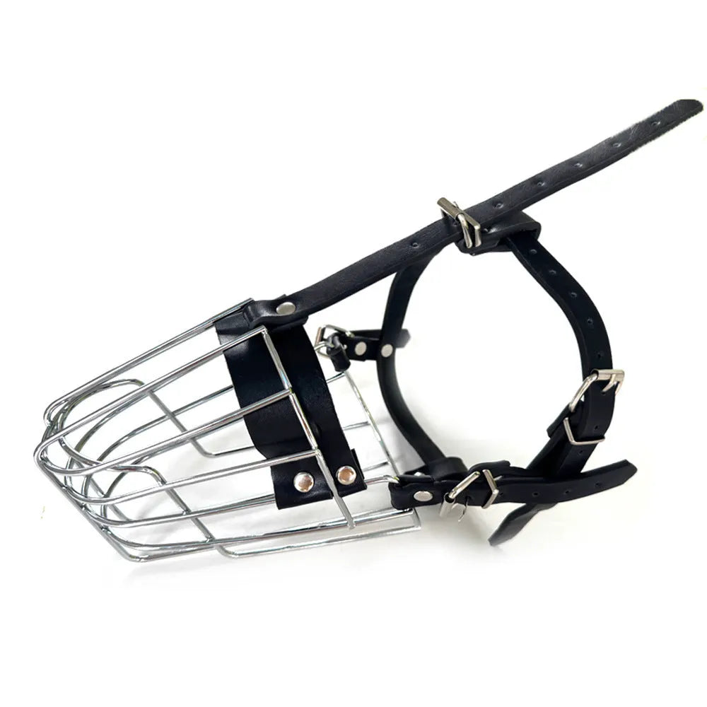 Black metal basket muzzle for large breed dogs, specifically for Golden Retrievers and German Shepherds.