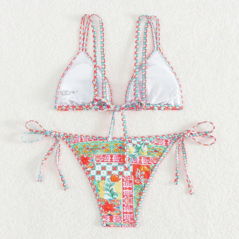 Women's lace-up front swimsuit bikini set with high-cut split-side briefs in picture colour.