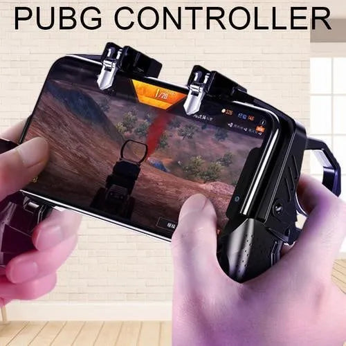 Black multi-function gamepad controller with phone holder and trigger buttons for mobile gaming.