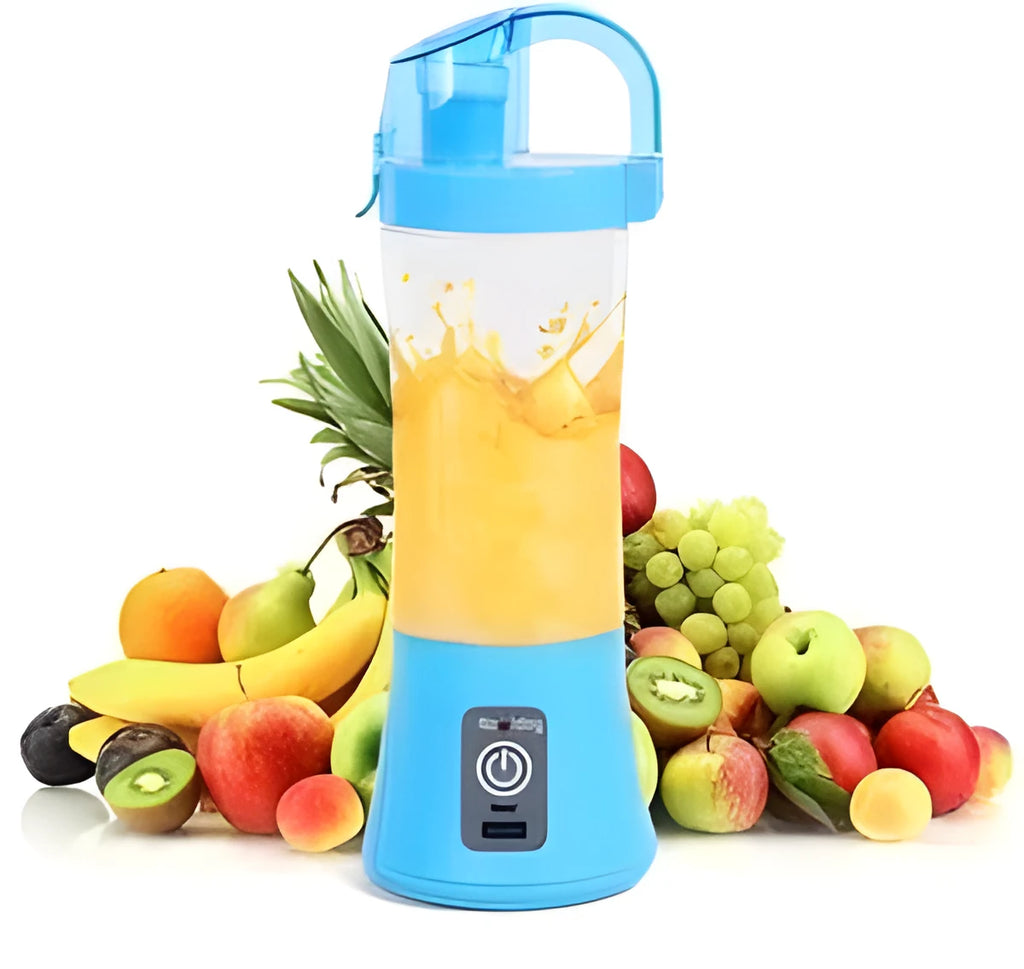 Blue handheld USB rechargeable fruit juicer with 400ml cup and 150W motor