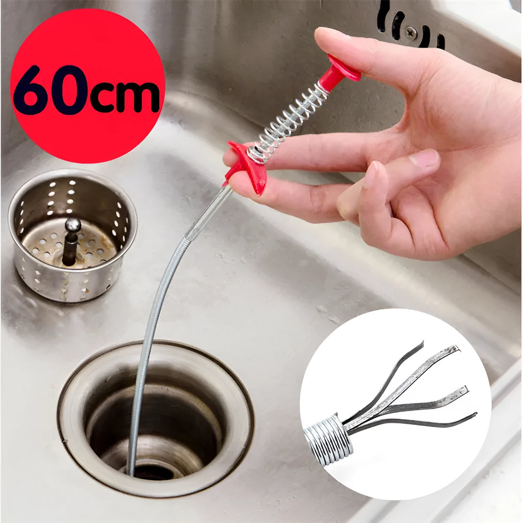 Black flexible sewer dredger spring drain cleaning tool with a textured grip on a white background.