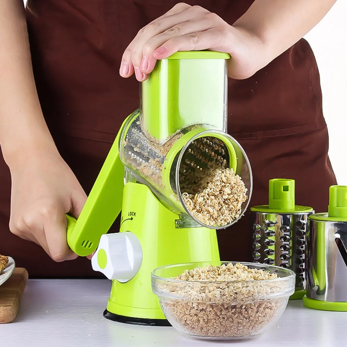 Mandoline slicer vegetable cutter with three stainless steel blades and suction base
