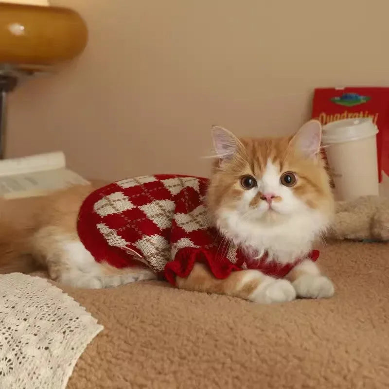 Red cat sweater with diamond embroidery cherry pattern for autumn and winter wear