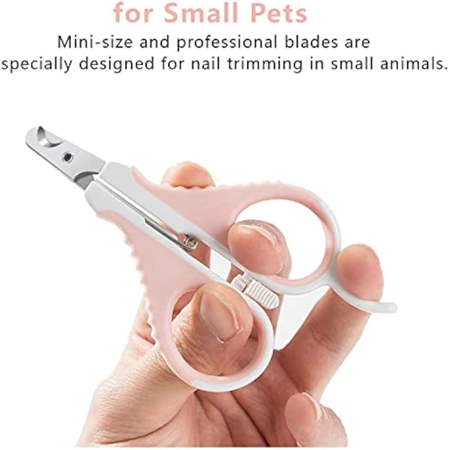 Grey and pink cat nail clippers with safety guard and angled blade for small pets