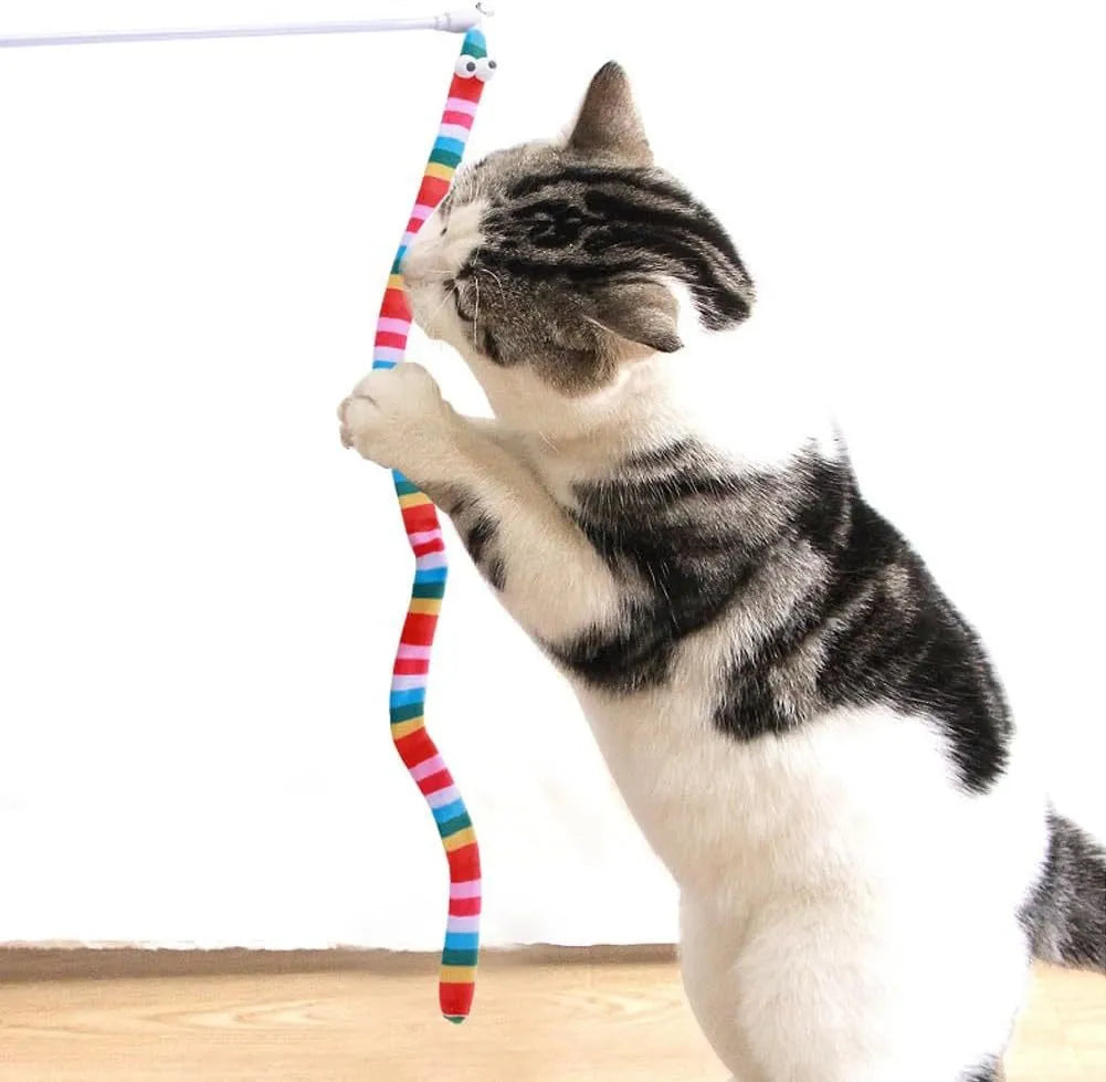 Cat wand toy with colourful plush strip attached to polycarbonate pole