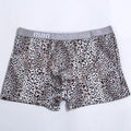 Men's leopard print loose underwear in polyester milk silk fabric showing mid-waist cut