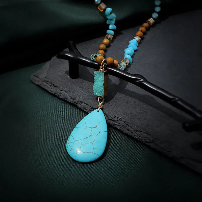 Turquoise blue water drop pendant necklace with mixed gem inlaid and ball bead chain