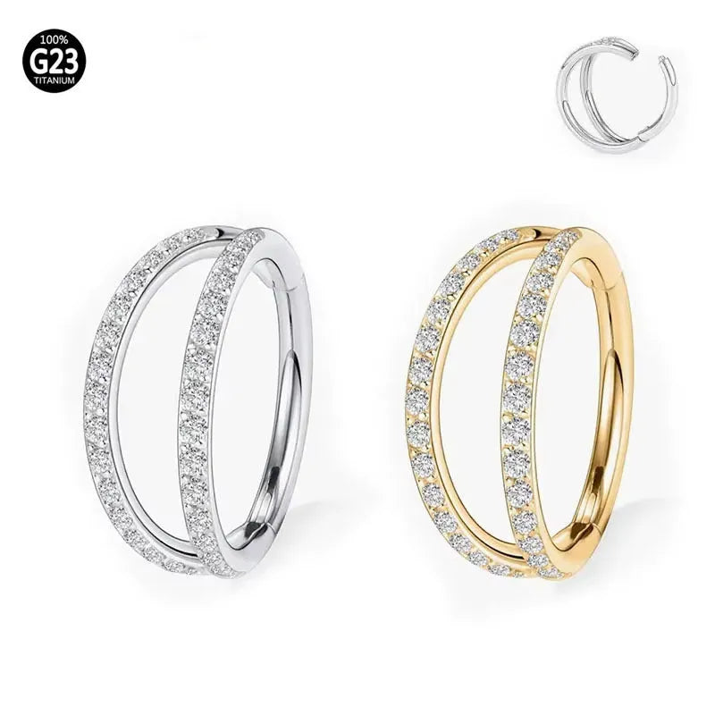 G23 titanium alloy nose ring with diamond finish in gold or steel colour, showing labret post design.