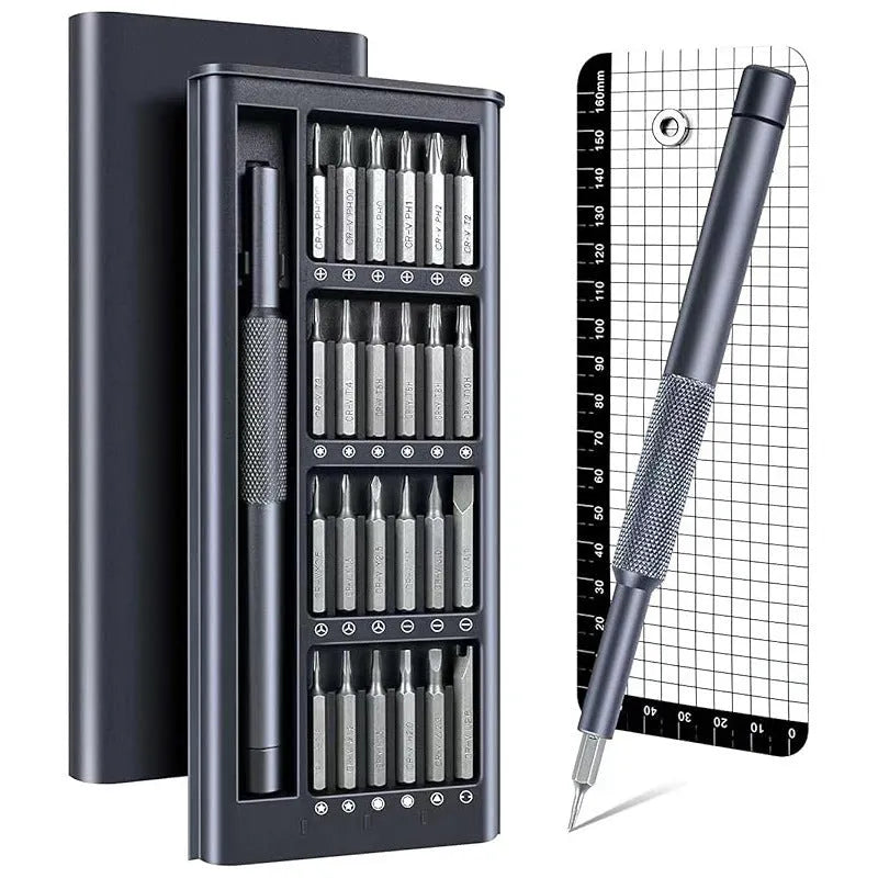 25-in-one magnetic screwdriver set with chrome vanadium steel shaft and compact 110mm length.