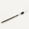 Stainless steel wine chilling rod with acrylic pourer, shown next to a wine bottle.