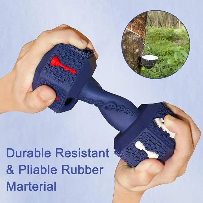 Durable dumbbell-shaped dog chew toy with textured surface and hollow ends for treats in black or blue