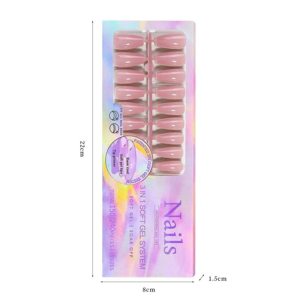 Box of nude seamless removable nail stickers showing eight colour shades for women.