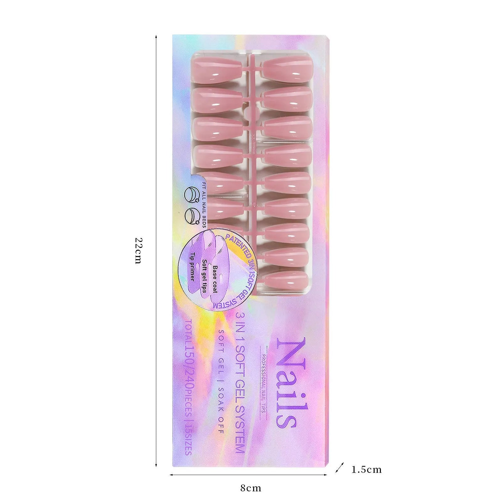 Box of nude seamless removable nail stickers showing eight colour shades for women.