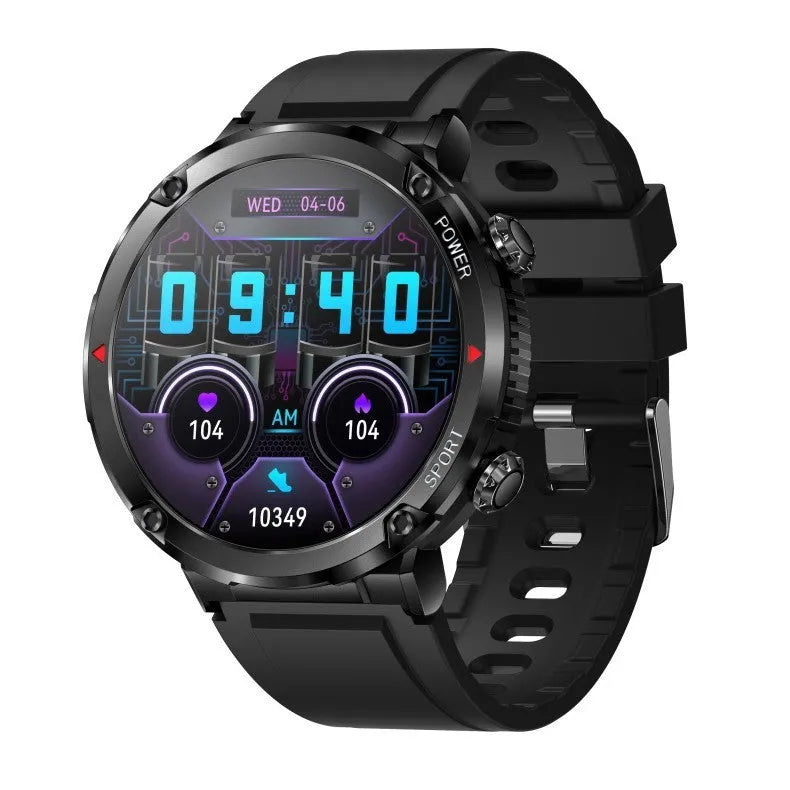 T30 Smart Watch with black silicone strap showing 52mm IPS touch screen displaying time and heart rate.